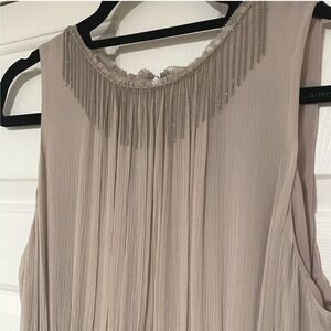 NEW Elie Tahari Silk Demetria Metal Bead Fringe Lace Trim Short Dress Taupe L 12